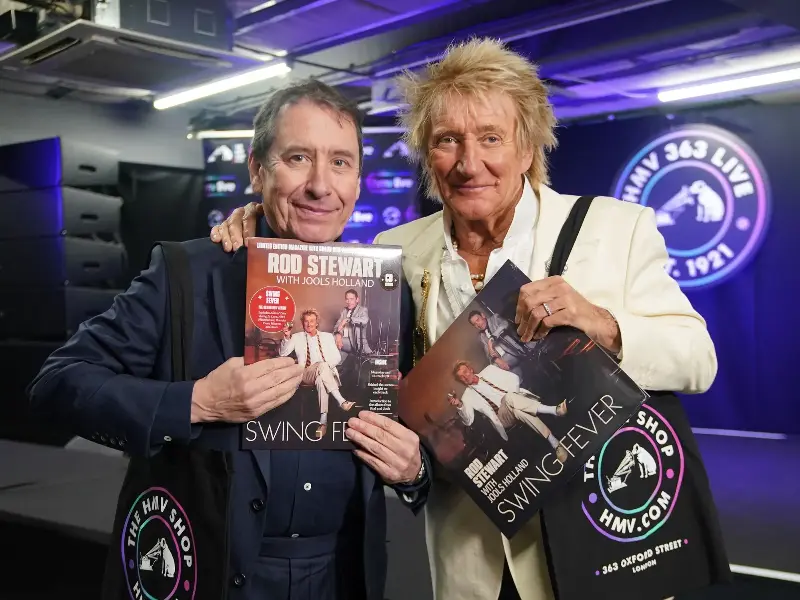 Jools Holland (left) and Rod Stewart during a signing session for their collaborative studio album Swing Fever at HMV Oxford Street on February 23, 2024 (Yui Mok/PA Wire)