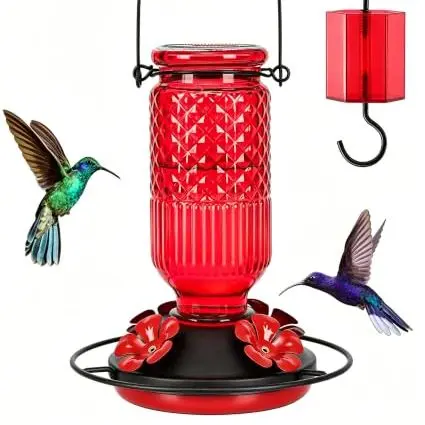 Feed Garden Glass Hummingbird Feeder for Outdoors Hanging, 16 Oz Leak-Proof Nectar Feeder With Bee Guards & Ant Moat, 4 Metal Flower Feeding Ports, 360° Perch Ring, Easy Refill & Clean, Red