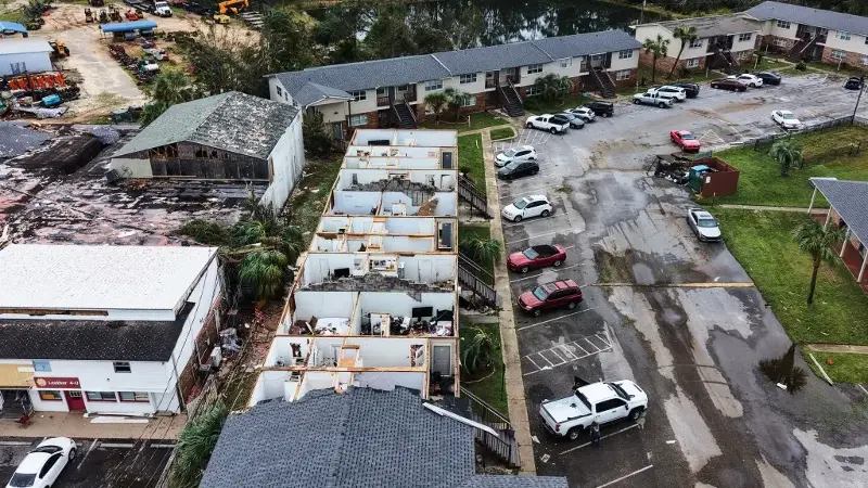 An apartment complex that had its roof ripped off is seen in the aftermath of Hurricane Isaias in Milton, Florida, October 10, 2026.