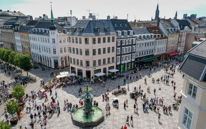 Copenhagen city Stroget street aerial view Denmark