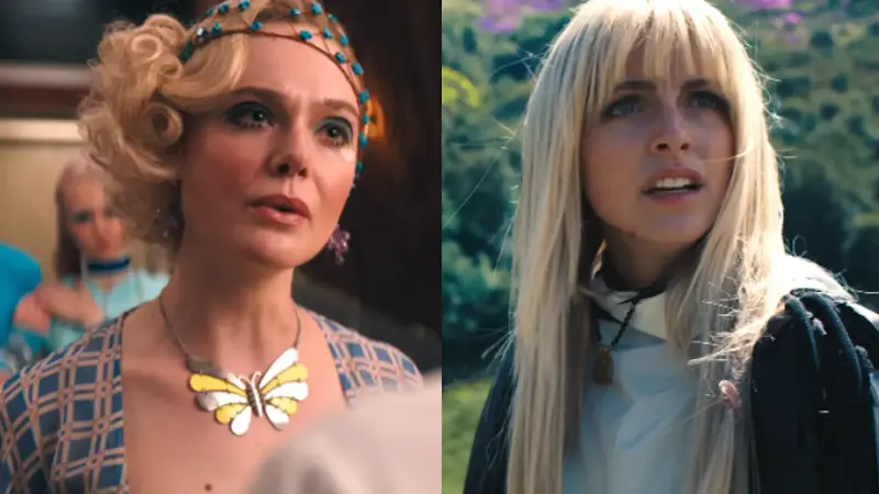 side-by-side of Elle Fanning's Effie and Mckenna Grace's Maysilee in Sunrise on the Reaping