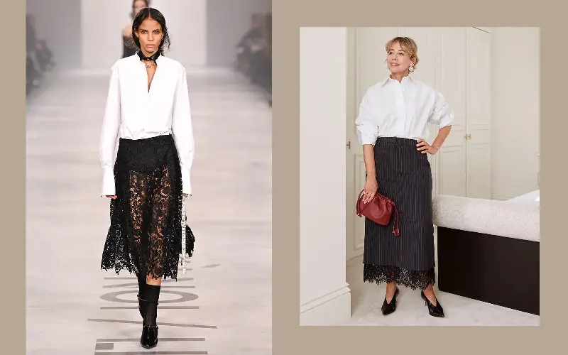 Fendi removed the drama from the skirt by pairing it with a crisp white shirt