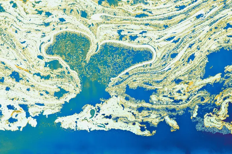 Intricate abstract pattern resembling a surreal landscape, with blue and white tones.