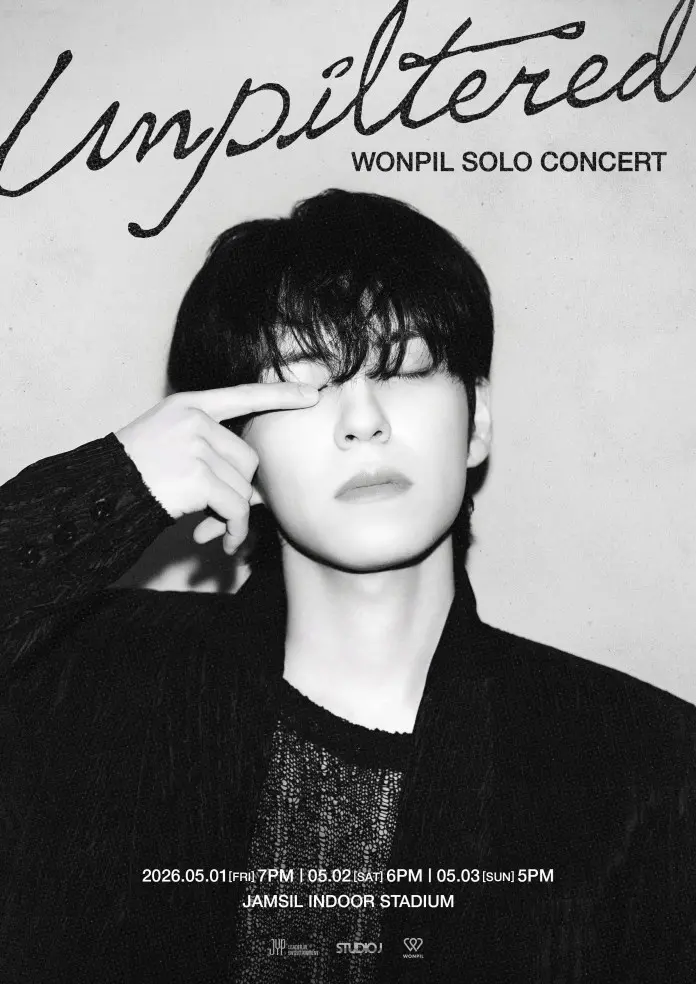 Promotional poster for Wonpil's solo concert titled 'Unpiltered.' The image features a close-up of Wonpil with dark hair and a stylish outfit, holding one finger to his eye. Concert details include dates and venue at Jamsil Indoor Stadium.