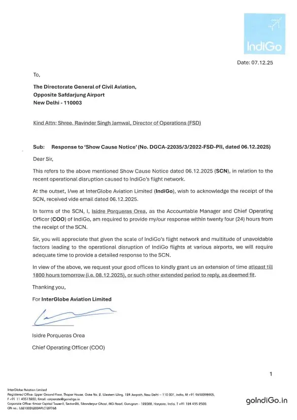 IndiGo replies to the Show Cause Notice.