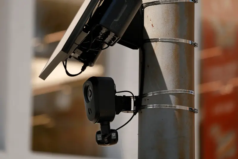 A Flock Safety camera is shown mounted to a light pole on August 3, 2026 in Beverly Hills, California.