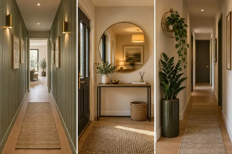 The same hallway looks different with new accents, from wall panelling, mirror and plants. 