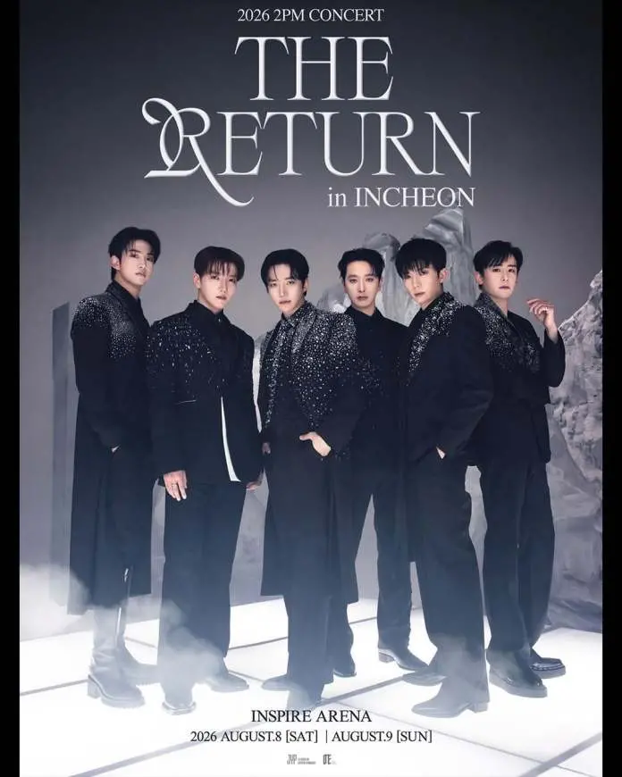 A promotional poster for the 2026 2PM concert titled 'THE RETURN' in Incheon, featuring six members of the group dressed in stylish black outfits with sparkly accents. The concert dates are August 8 and August 9, 2026, at Inspire Arena.