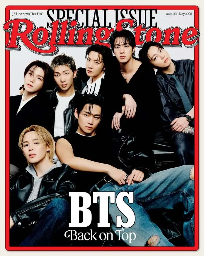 BTS featured on the cover of Rolling Stone magazine, labeled 'Back on Top', with a group portrait of the seven members posing in stylish outfits.