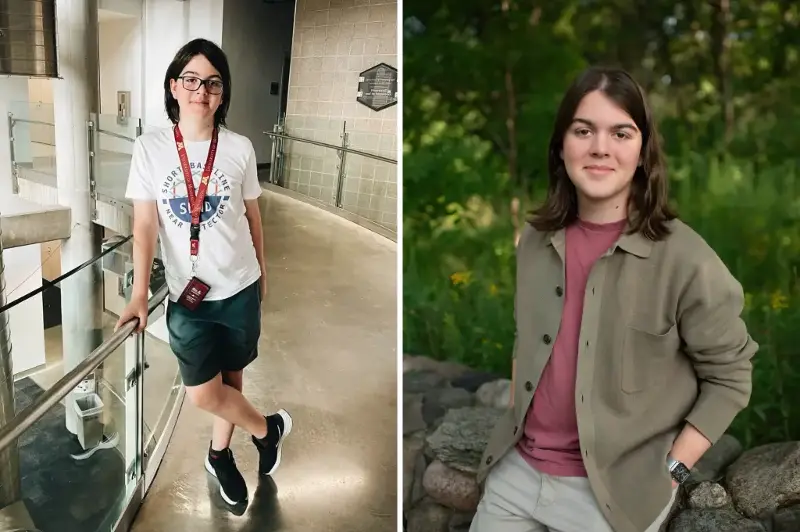 From left: Elliott poses at the University of Minnesota; and stands outdoors now, aged 18.