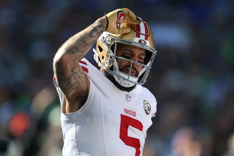 Mike Evans #5 of the San Francisco 49ers celebrates after a touchdown reception against the Seattle Seahawks during the first quarter at Lumen Field on October 11, 2026 in Seattle, Washington. (Photo by Steph Chambers/Getty Images)