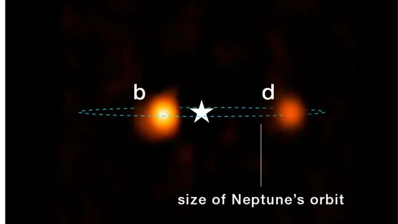 The newly discovered third planet orbiting Beta Pictoris, Beta Pictoris d, is seen in reconstructed imagery from NASA’s James Webb Space Telescope’s NIRSpec (Near-Infrared Spectrograph).