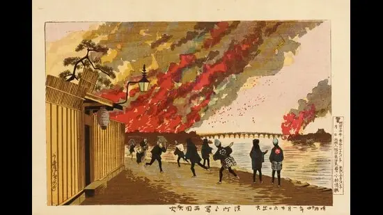 A depiction of the Great Ryogoku Fire of Tokyo, 1881, in a work by Kobayashi Kiyochika. The city now has fire-breaks or non-combustible spaces such as roads, rivers and rail corridors woven into its grid system. (Wikimedia)