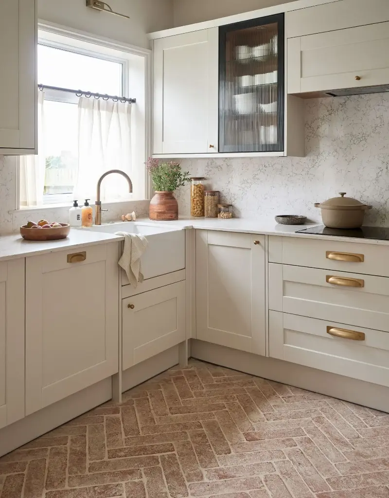 Natural materials contrast like no other against the industrial accent of reeded glass and black framework in this modern traditional kitchen. (Image credit: Adam Carter. Ca' Pietra for Phillipa Ross)