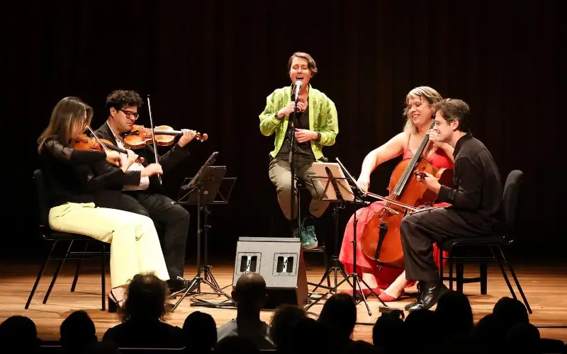 Attacca String Quartet accompanied composer Caroline Shaw at Milton Court on Thursday night - Ed Maitland Smith