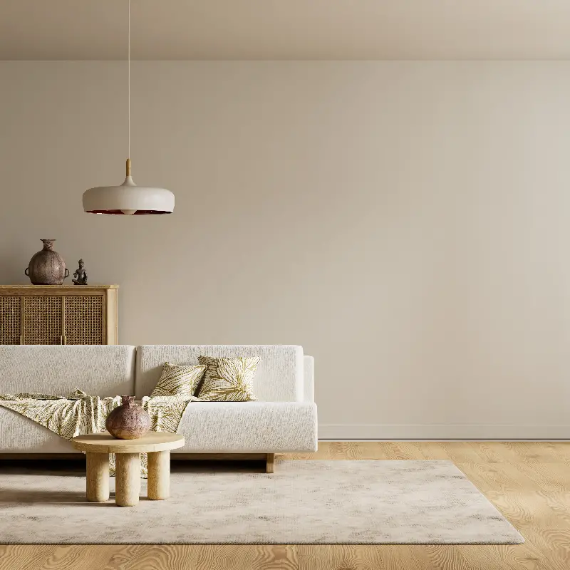 Warm Scandinavian living room featuring refined negative space, light wooden accents and softly balanced minimalism for a serene interior. 3D illustration