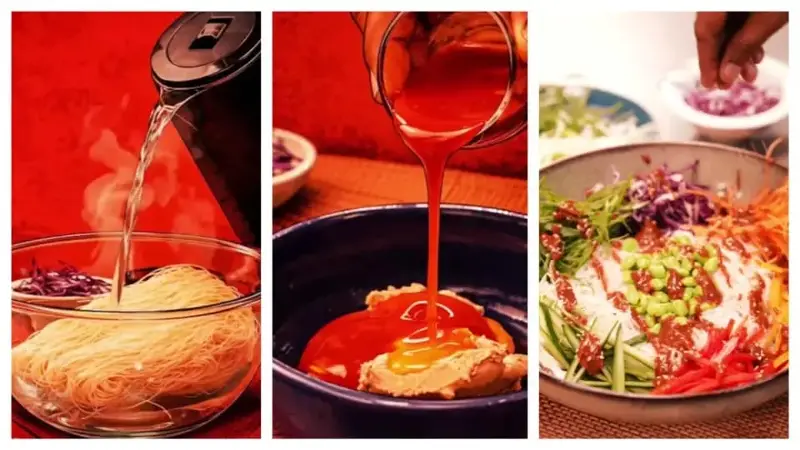 The primary cooking techniques in this dish are soaking and stirring sauce and veggies together. 