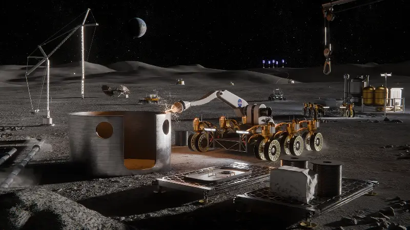 Artist concept of a Moon base with lunar surface technologies