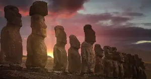 The giant stone statues of Easter Island, some weighing more than 80 tonnes and standing 10 metres tall, were moved kilometres across rough volcanic terrain by groups of 18 people pulling them upright with ropes, because the statues were specifically designed with a forward lean and a wide D-shaped base that turned every step of their transport into a controlled fall