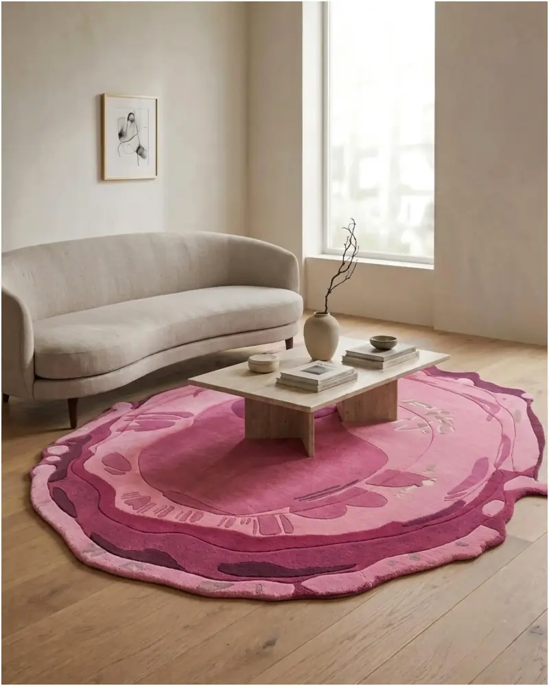 A sculptural study in pink — Neytt's organic, layered rug where Kerala craft meets contemporary design. (Neytt)