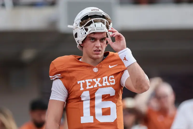Arch Manning #16 of the Texas Longhorns walks on the field before the game against the UTSA Roadrunners at Darrell K Royal-Texas Memorial Stadium on September 19, 2026 in Austin, Texas. (Photo by Tim Warner/Getty Images)