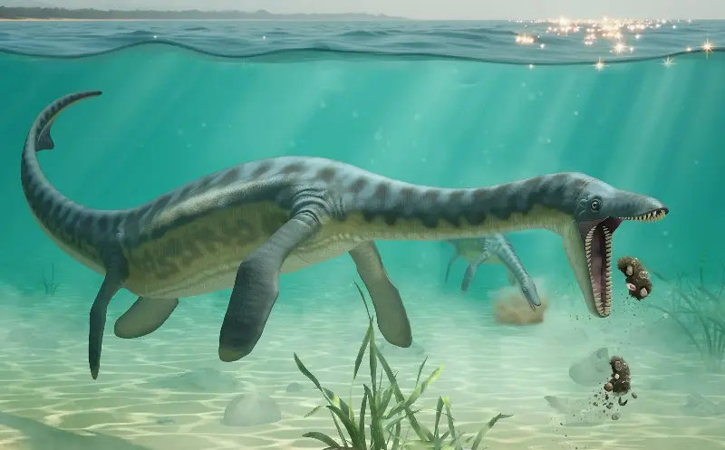 An artist’s impression of plesiosaurs feeding underwater - Lente Artemieff