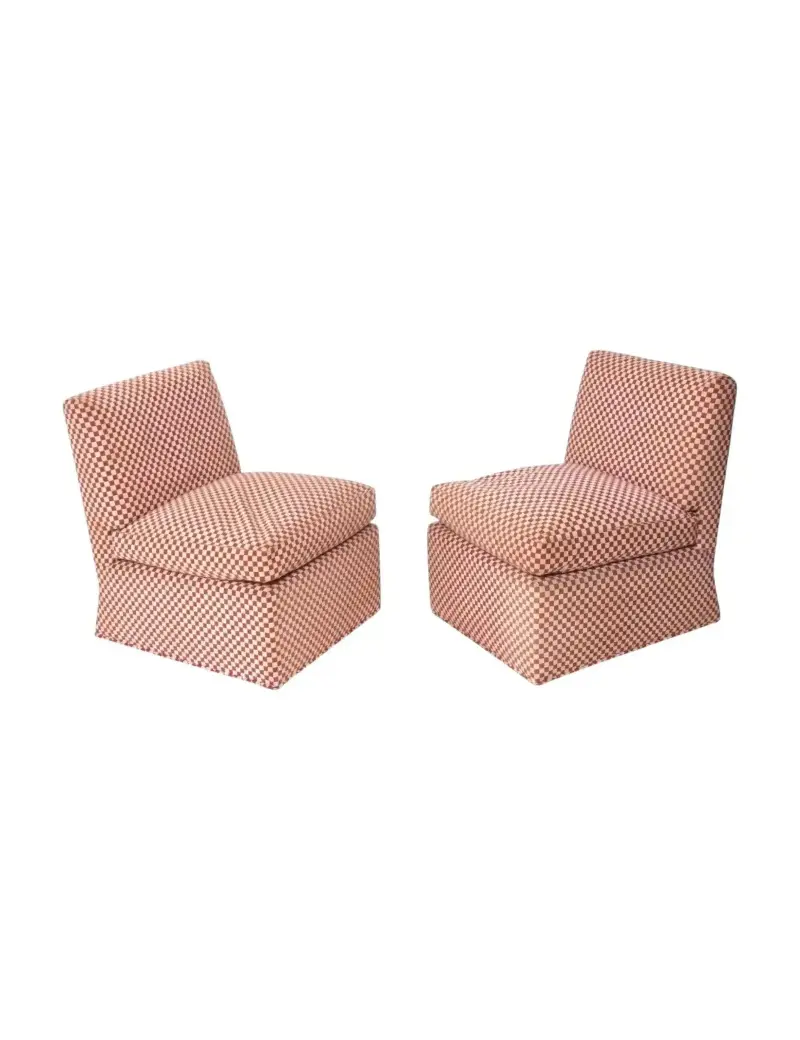 1st DIbs, 1980s Slipper Lounge Chairs in Original Checkered Fabric Mid Century Modern
