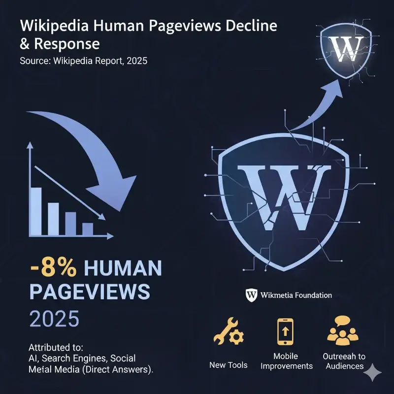 The free online encyclopedia tool, Wikipedia, has reported an 8 per cent decline in human pageviews compared with the same period in 2024, as generative AI, search engines, and social media platforms increasingly provide answers without directing users to the site.  The free online encyclopedia tool, Wikipedia, has reported an 8 per cent decline in human pageviews compared with the same period in 2024, as generative AI, search engines, and social media platforms increasingly provide answers without directing users to the site.