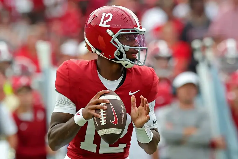 TUSCALOOSA, ALABAMA - SEPTEMBER 19: Keelon Russell #12 of the Alabama Crimson Tide looks for a receiver during the first half against the Florida State Seminoles at Bryant-Denny Stadium on September 19, 2026 in Tuscaloosa, Alabama. (Photo by Jason Clark/Getty Images)