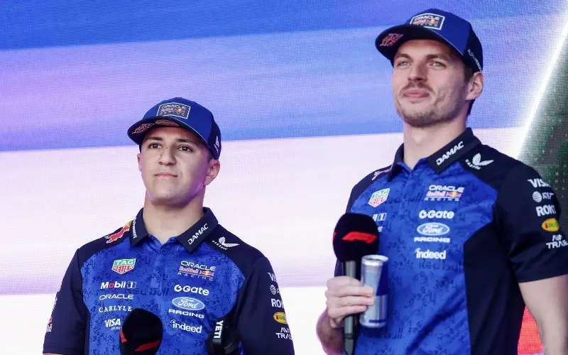 Isack Hadjar (left) is just two places behind Verstappen in this season’s standings - Mark Thompson/Getty Images