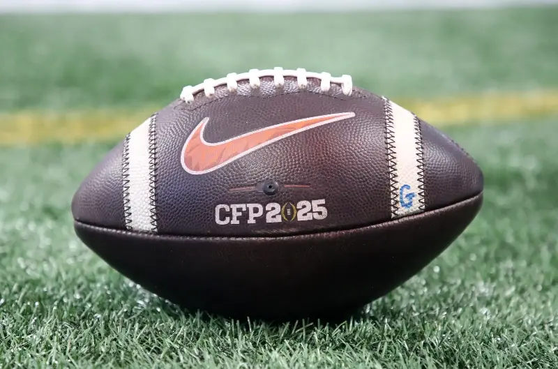 ATLANTA, GEORGIA - JANUARY 1:  A Texas Longhorns CFP 2025 football is seen on the sidelines during the 2025 Peach Bowl College Football Playoff quarterfinals football game featuring the University of Texas Longhorns versus the Arizona State Sun Devils at Mercedes-Benz Stadium on January 1, 2025 in Atlanta, Georgia. (Photo by Bruce Yeung/Getty Images)