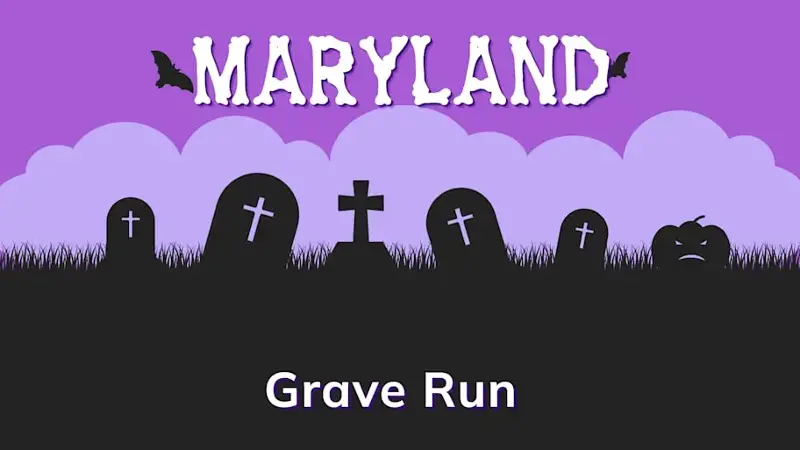 Graphic of a graveyard with a state and place name, in purple