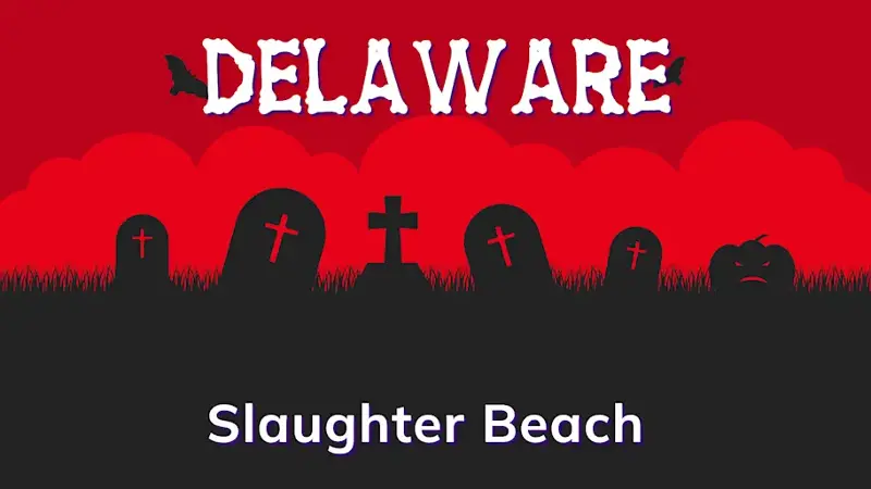 Graphic of a graveyard with a state and place name, in red