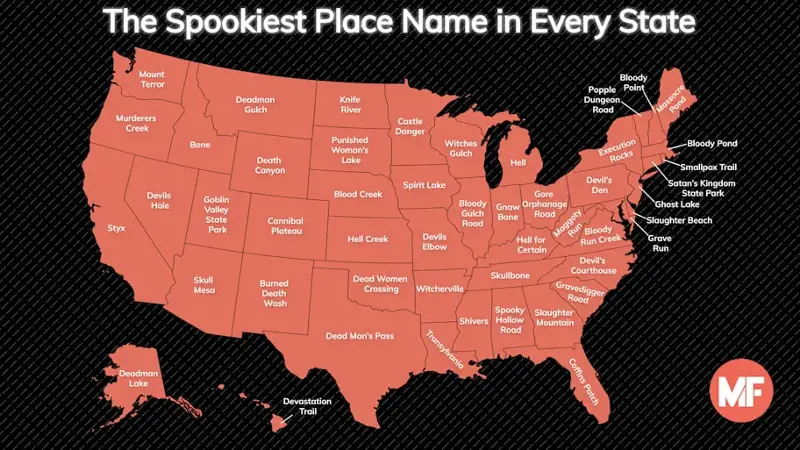 A map of the spookiest place name in every state