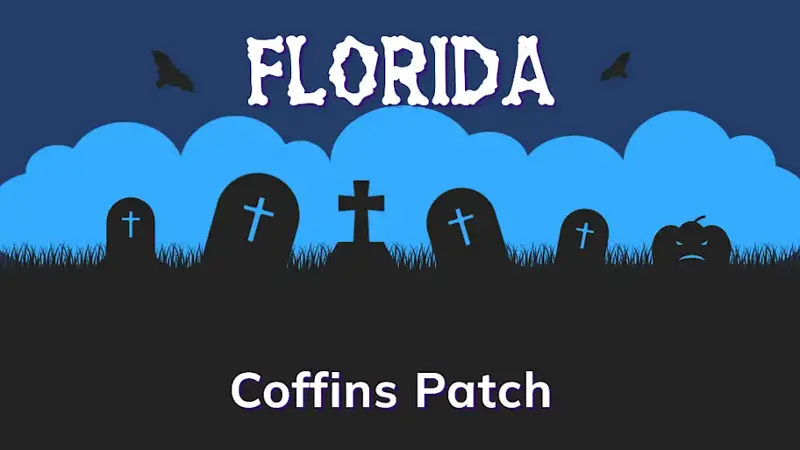 Graphic of a graveyard with a state and place name, in blue