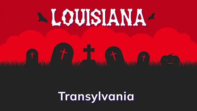Graphic of a graveyard with a state and place name, in red