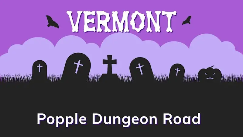 Graphic of a graveyard with a state and place name, in purple