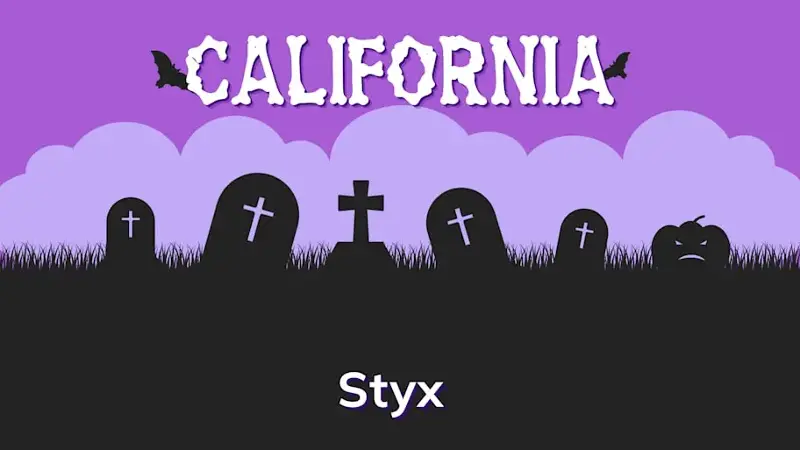 Graphic of a graveyard with a state and place name, in purple