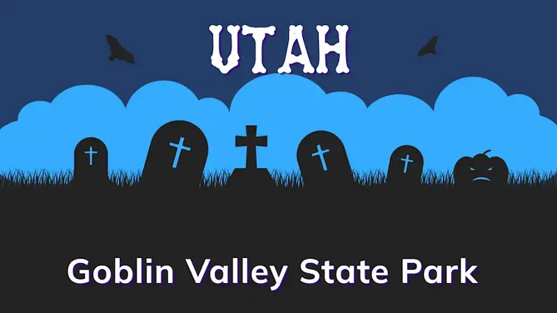 Graphic of a graveyard with a state and place name, in blue