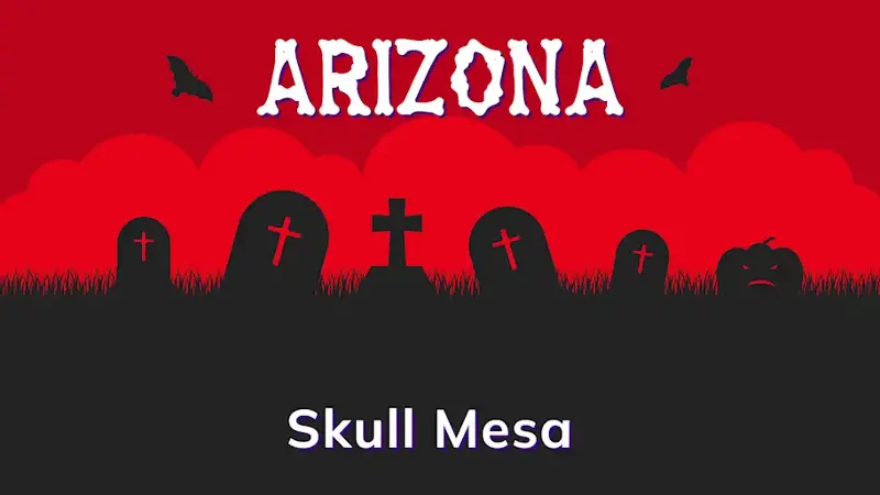 Graphic of a graveyard with a state and place name, in red