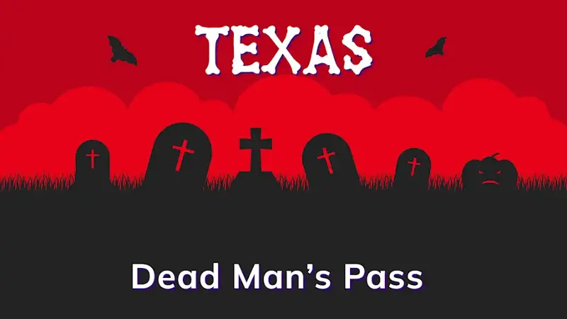 Graphic of a graveyard with a state and place name, in red