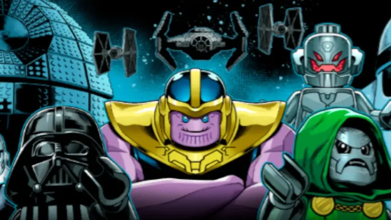 Lego Darth Vader, Thanos, Doctor Doom, and Ultron against a background with TIE Fighters and the Death Star