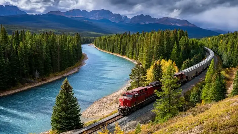 CN Rail train on a curve at Stone Mountain lookout, Banff National Park, Lake Louise, Alberta, Canada