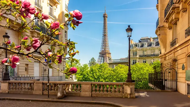 Eiffel tower and streets of Paris in spring, France