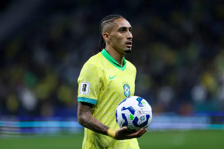 SAO PAULO, BRAZIL - JUNE 10: Raphinha of Brazil looks on during the FIFA World Cup 2026 Qualifier match between Brazil and Paraguay at Neo Quimica Arena on June 10, 2025 in Sao Paulo, Brazil. (Photo by Ricardo Moreira/Getty Images)