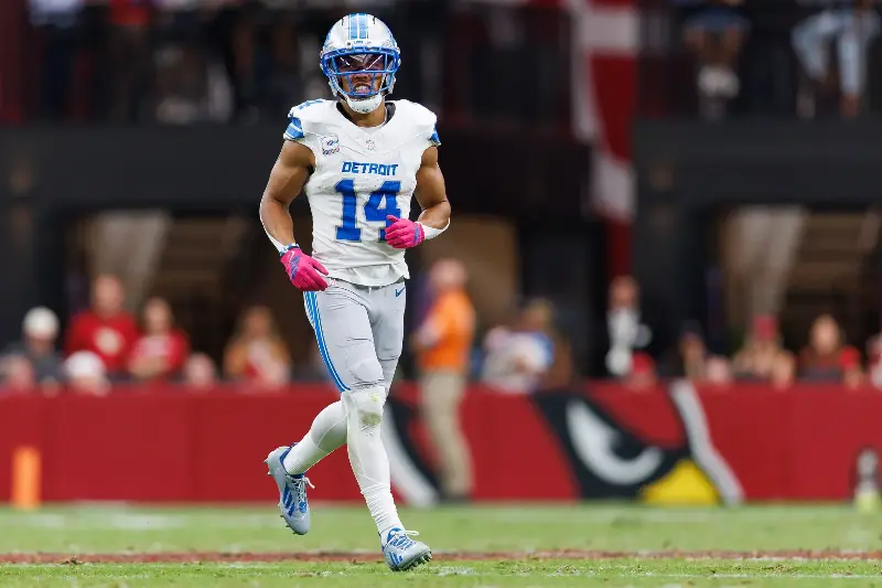 GLENDALE, ARIZONA - OCTOBER 11: Amon-Ra St. Brown #14 of the Detroit Lions gets set during the second quarter of an NFL football game against the Arizona Cardinals at State Farm Stadium on October 11, 2026 in Glendale, Arizona. (Photo by Brooke Sutton/Getty Images)