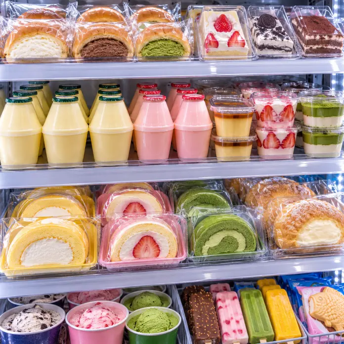 A display of various desserts including cakes, puddings, and ice creams organized in a showcase. The top shelf features packaged rolls, chocolate and matcha sweets, and pastries. The middle shows colorful pudding cups, layered desserts, and fruit-topped treats. The bottom shelf contains different flavors of ice cream and ice pops.