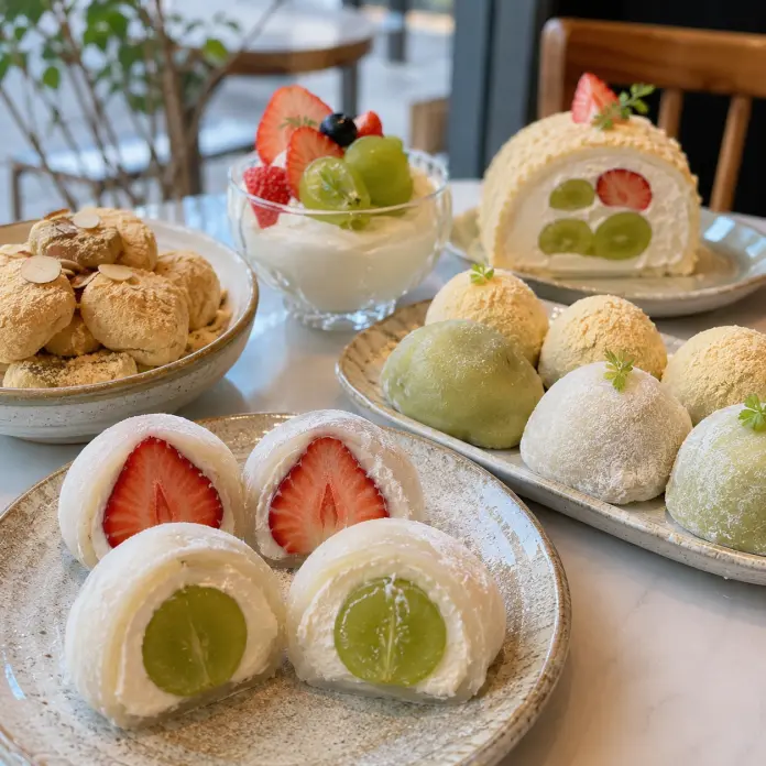 An assortment of desserts on a table, featuring mochi filled with strawberries and green grapes, a bowl of whipped cream topped with mixed fruits, and a rolled cake decorated with fruits.