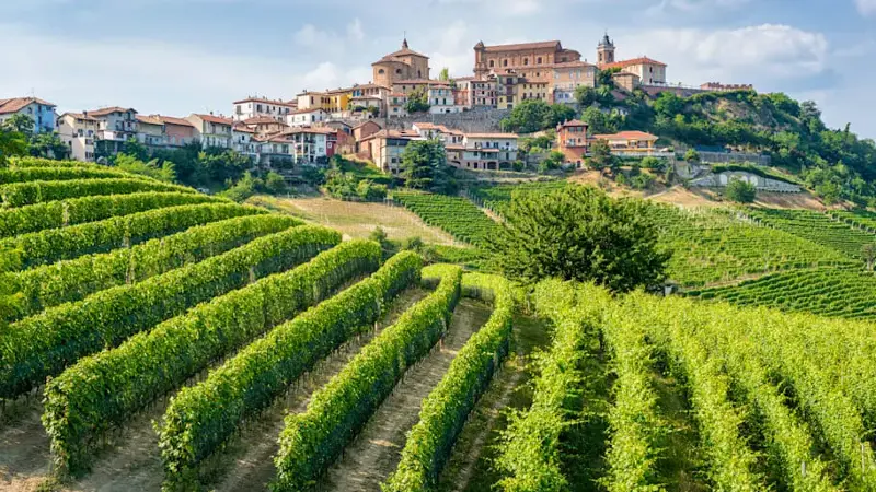 The beautiful village of La Morra and its vineyards in the Langhe region of Piedmont, Italy.