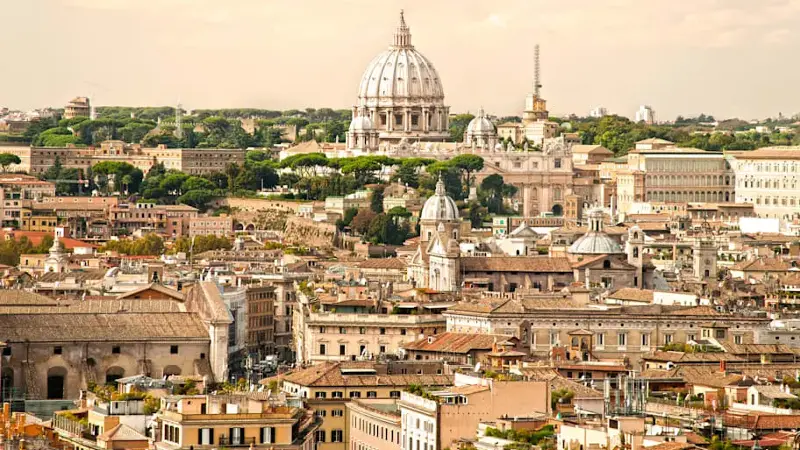 Rome skyline at sunset from Vittoriano, Italy.
